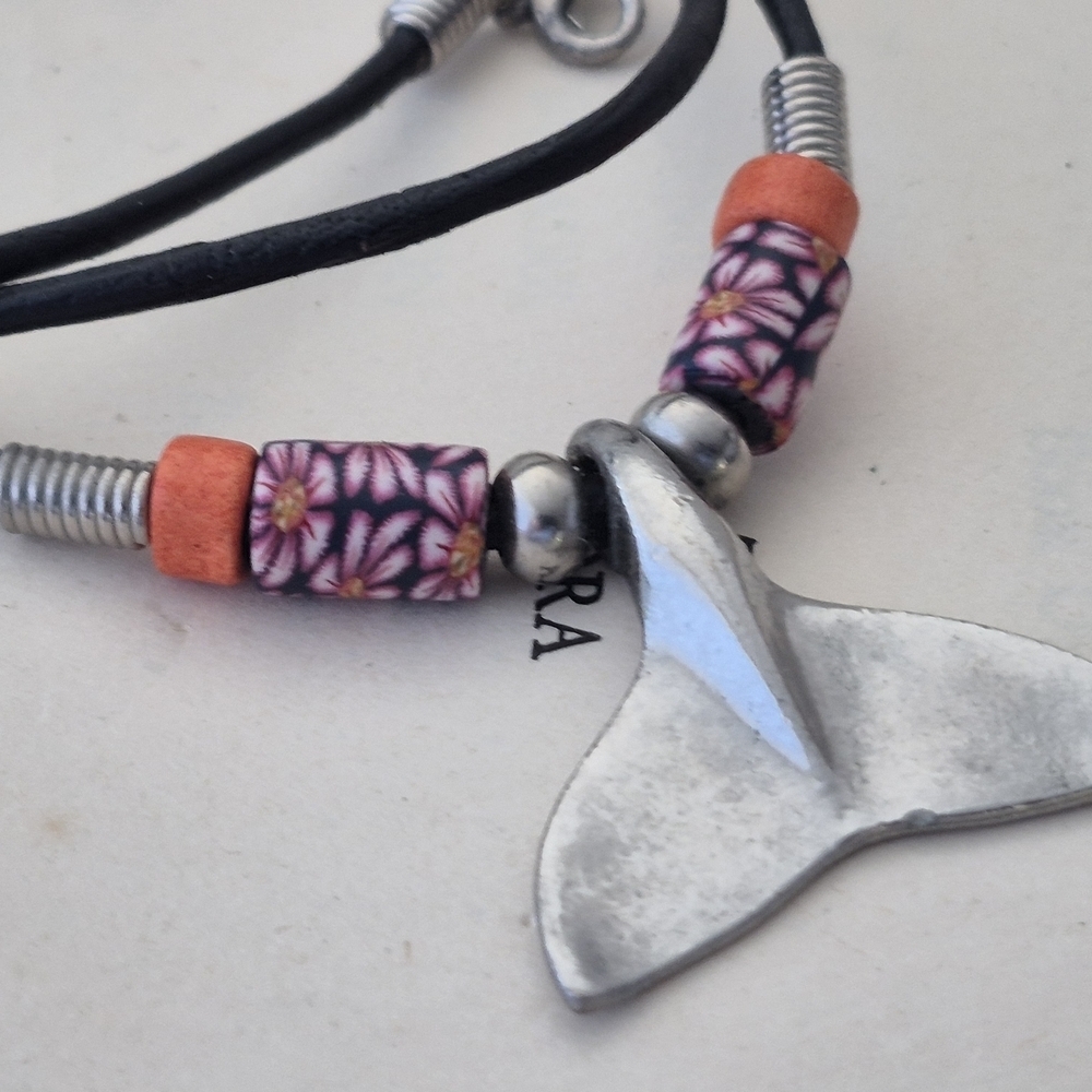 Silver Whale Tail Pendant Necklace with Floral Beads